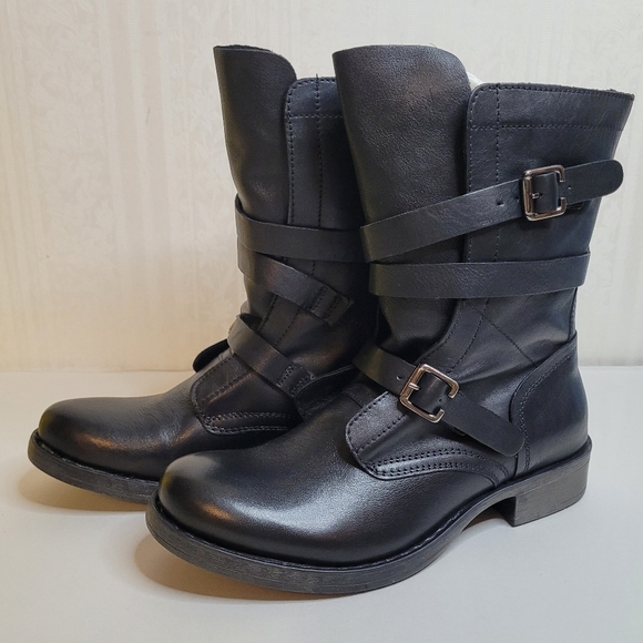 Diba Jet Way Moto Boots Womens 6 Black Leather Buckle Zip New - Picture 5 of 10